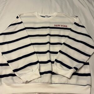 Refuge White and Blue Striped Crewneck Sweaterwith Embroidered NEW YORK